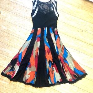 Y2K KOMAROV Goth Whimsy Boho Colorful Art MIDI Dress, SZ S, Full Twirly Skirt